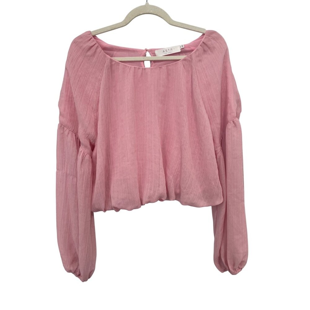 ASTR The Label Blouse Size XL Long Sleeve Bubble Hem Crop Top Pink Feminine Chic